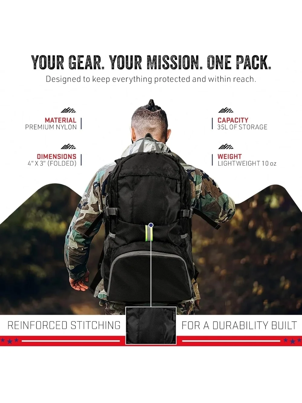 Black Foldable Men's Travel Backpack with Reflective Stripe